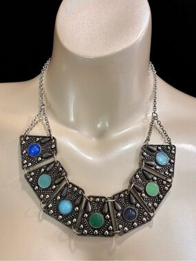 Bohemian Multicolor Stone and Enamel Statement Silver-Tone Necklace Lightweight